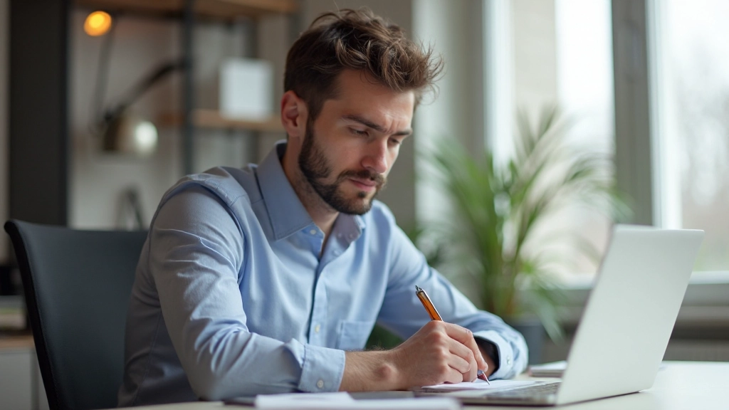 Volwassene zittend aan bureau met notitieblok, pen in hand, concentrerend terwijl laptop open staat, voorbereiding voor belangrijke presentatie, modern huiskantoor