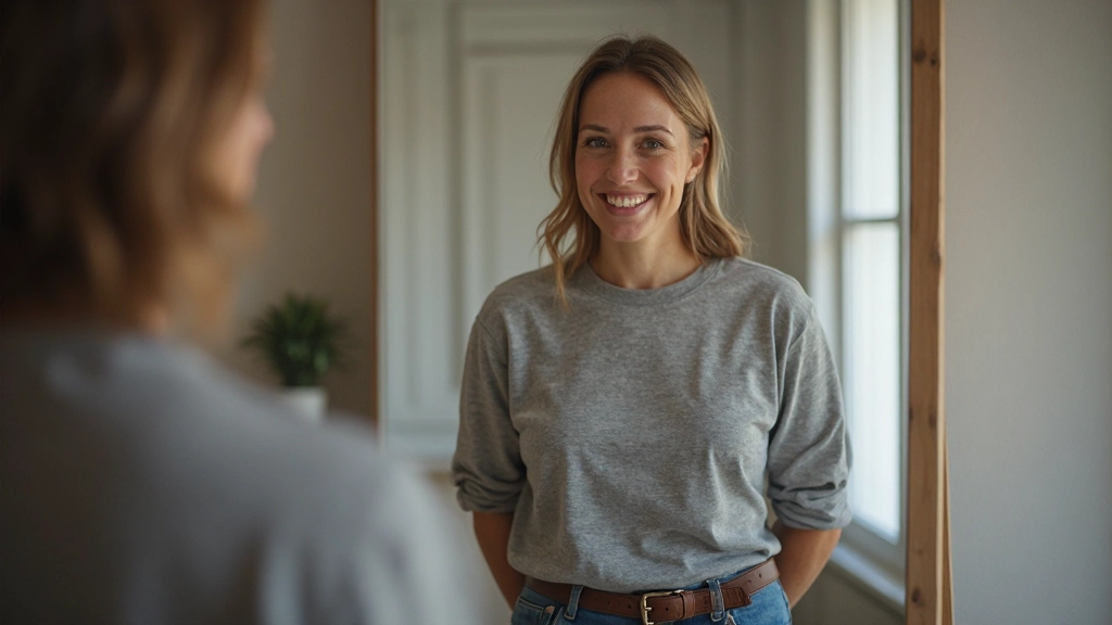 Volwassene die in de spiegel naar zichzelf kijkt en lachend een verhaal oefent, vertrouwen en voorbereiding