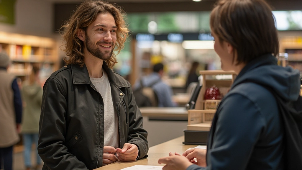 Klant die vriendelijk met kassamedewerker in Nederlands winkelinterieur met moderne display praat bij betaalbalie