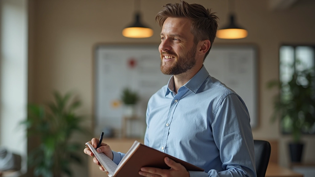 Man in professionele setting die attent luistert en notities maakt tijdens een gesprek