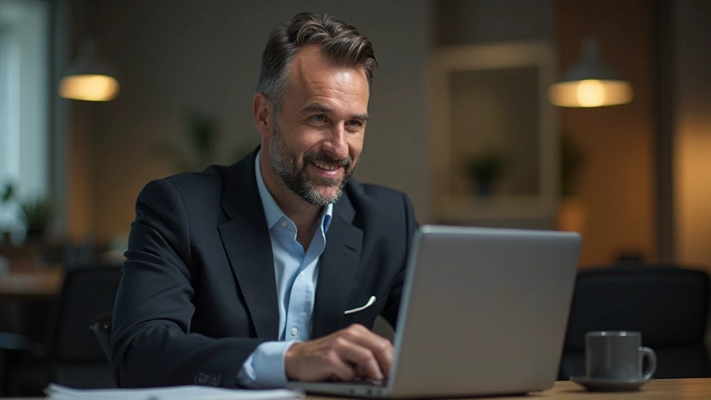 Professionele man in donker pak, zittend aan bureau, serieus naar laptop kijkend in modern kantoor met natuurlijk licht