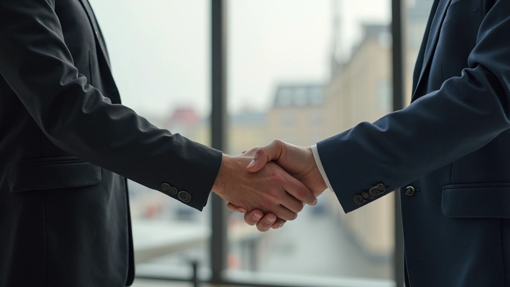 Twee professionele volwassenen die elkaar de hand schudden in een modern kantooromgeving met vriendelijke glimlachen