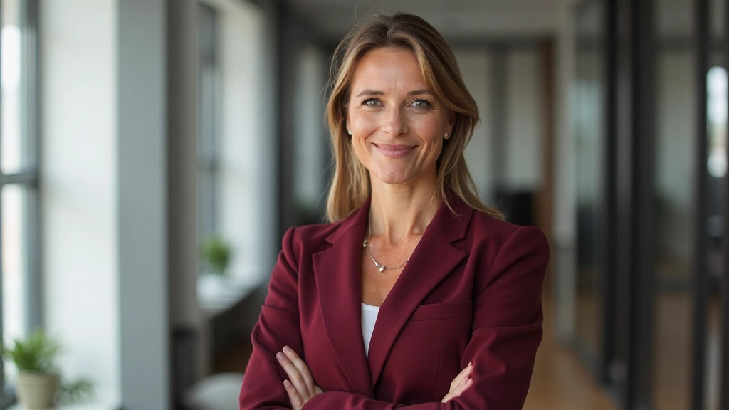 Professionele vrouw staande in moderne kantoorruimte, armen gekruist zelfverzekerd, professionele pose, natuurlijk licht van ramen, uitgebreide achtergrond met vervaging