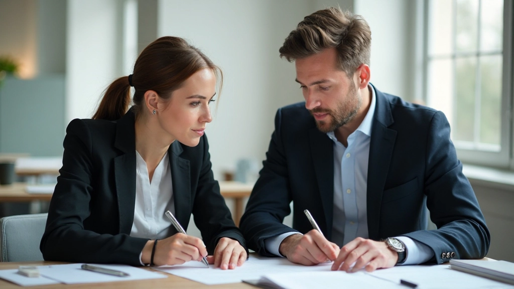Professioneel beeld van twee volwassenen in zakelijke kleding, zittend aan tafel met notitieboeken, diepe concentratie tijdens serieuze discussie in moderne kantoor